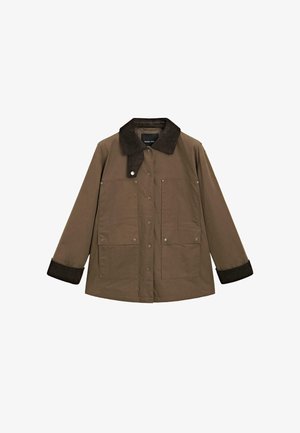 Brown jacket with a corduroy collar, front snap button closure, two large pockets, and contrasting dark cuffs.