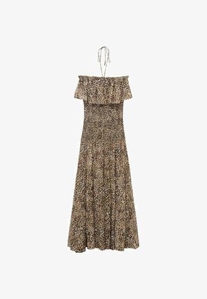Schulterfreies Leopardenmuster-Kleid mit Rüschenausschnitt, gerafftem Oberteil und fließenden Lagen in Braun- und Beigetönen. Verstellbare Bindebänder.
