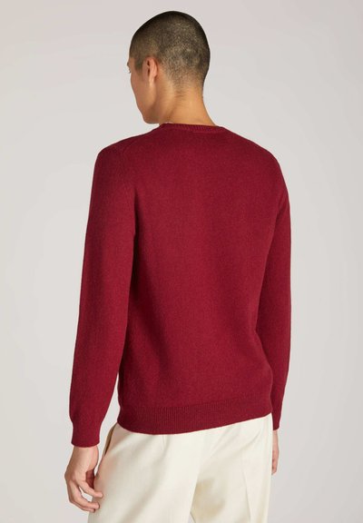 Roter Strickpullover mit langen Ärmeln, rundem Ausschnitt und geripptem Saum. Weiche Textur, taillierte Passform und nahtlose Schultern.