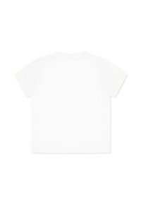 T-shirt bianco in cotone, maniche corte, scollo rotondo, parte posteriore liscia senza stampe né motivi. Tessuto morbido, vestibilità comoda.