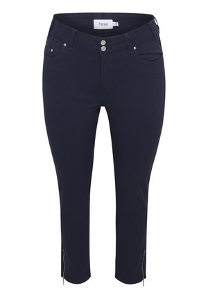 Maritime Cropped-Hosen aus Stretchstoff; mit zwei vorderen Taschen, Metallknöpfen und Reißverschlussdetails am Saum. Durchgehend glatte Textur.