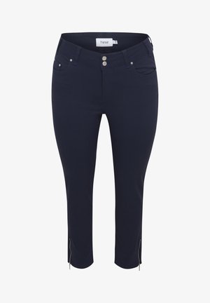 Maritime Cropped-Hosen aus Stretchstoff; mit zwei vorderen Taschen, Metallknöpfen und Reißverschlussdetails am Saum. Durchgehend glatte Textur.