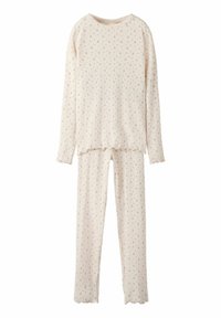 Długi rękaw, kremowa ribbed bluzka i pasujące spodnie z drobnym różowym kwiatowym wzorem oraz brzegiem w stylu sałatki.