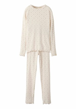 Dugih rukava kremasti rebrasti top i usklađene hlače s malim ružičastim cvjetnim uzorkom i rubovima od zelene salate.