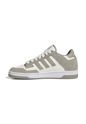 Light gray and white sneaker featuring a suede and leather upper, three stripes design, textured soles, and white laces.