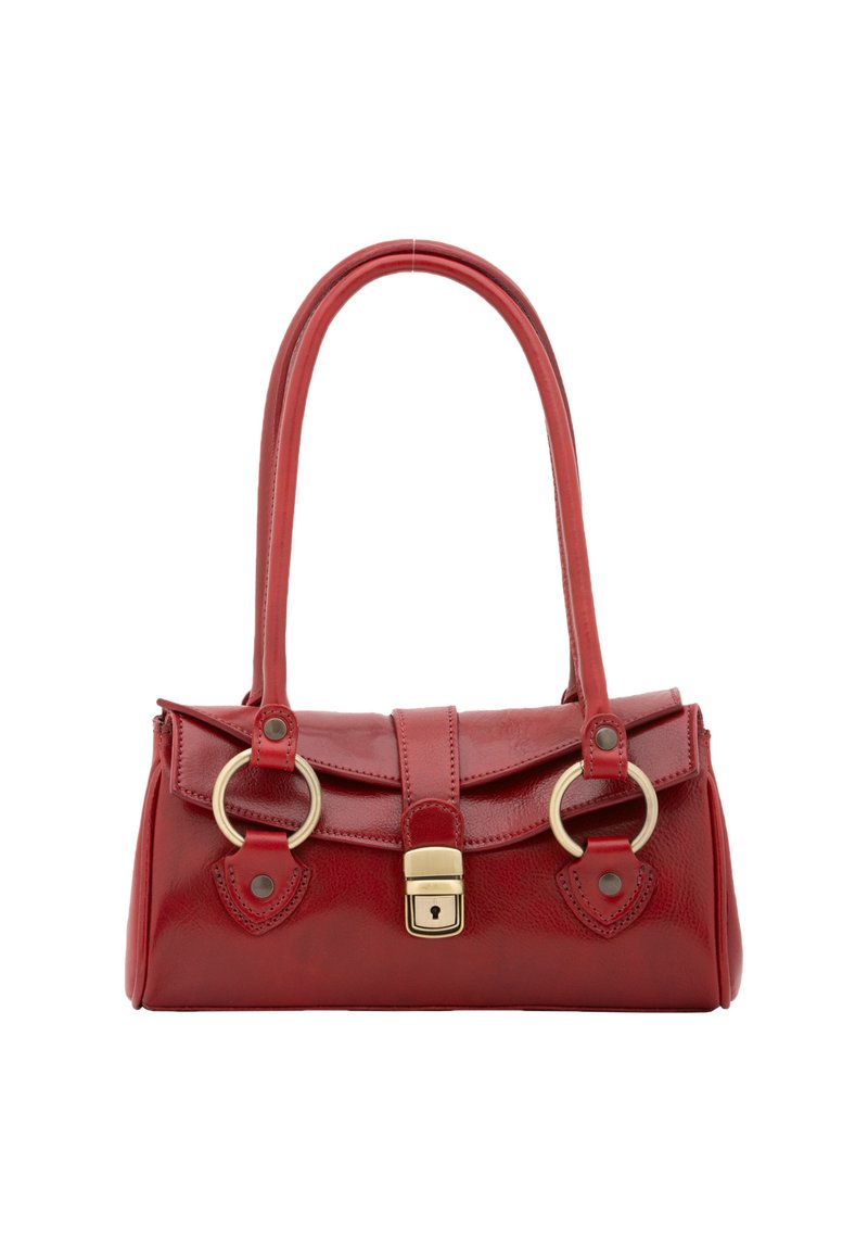 Borsa a mano in pelle rossa con forma strutturata, dotata di doppio manico superiore, anelli metallici decorativi, chiusura a patta e dettagli in hardware dorato.