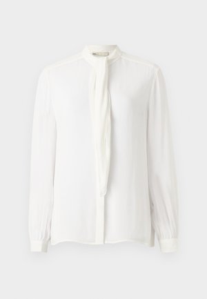 White long-sleeve blouse with a high collar and a thin neck tie. Made of smooth fabric with gathered cuffs and a button-down front.
