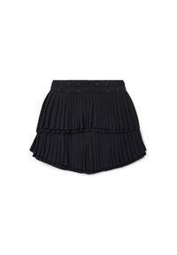 Gonna plissettata nera a due strati, con vita elastica e occhielli decorativi. Realizzata in un tessuto leggero e liscio.