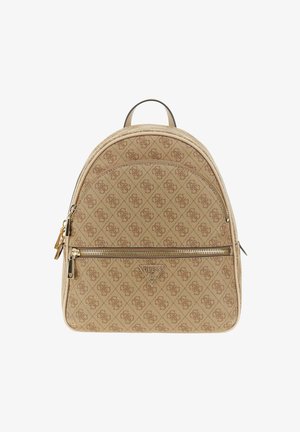 Sac à dos beige à motif avec une poche avant zippée, des accents en cuir et une forme arrondie. Comprend un badge logo et des bretelles doubles.