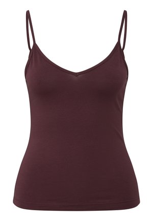 Bordowa koszulka na ramiączkach z cienkimi ramiączkami, dekoltem w serek i dopasowanym krojem. Wykonana z miękkiej, elastycznej tkaniny o gładkiej fakturze, bez wzorów.