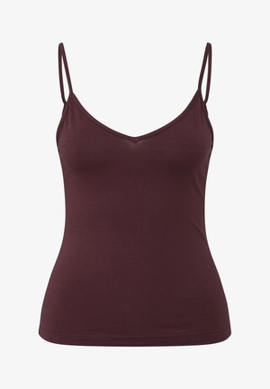 Burgundy camisole with thin straps, v-neckline, and fitted design. Made from soft, stretchy fabric with a smooth texture and no patterns.