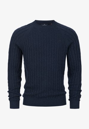 Pull en maille torsadée bleu marine à manches longues, poignets et ourlet côtelés, et col rond.