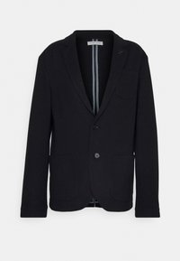 Svart blazer med en knappstängning, två framfickor, texturerat tyg och en kontrasterande innervägg med vertikala ränder.