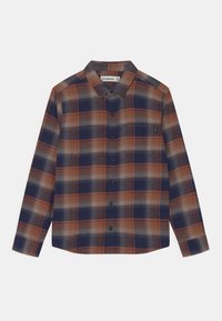 Knappup flanellskjorta med långa ärmar, som har ett rutmönster i brunt, marinblått och krämfärgat, mjukt tyg och svarta knappar.