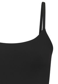 Schwarzer Bikini-Oberteil mit dünnen Trägern, hergestellt aus glattem, dehnbarem Material. Verfügt über einen runden Ausschnitt und ein minimalistisches Design.