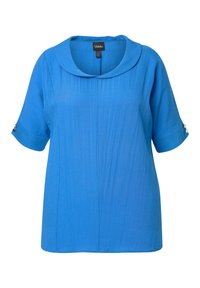 Blusa blu a maniche corte con colletto rotondo, tessuto a trama e bottoni a contrasto sui polsini. Design semplice e dalla vestibilità rilassata.