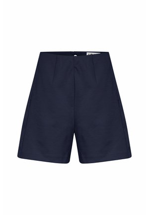 Pantaloni scurți bleu marin dintr-un material neted, cu un design ajustat, având pliuri frontale și buzunare laterale. Talie medie cu închidere prin buton.