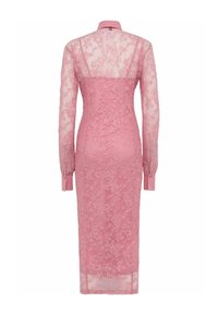 Abito di pizzo rosa con colletto, maniche lunghe trasparenti e una silhouette aderente. Presenta motivi floreali e un orlo a metà polpaccio.