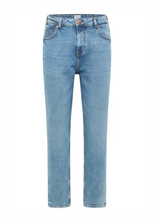 Lyseblå lige ben jeans lavet af denim med knaplukning, fem lommer, kontraststikninger og et rent afslutningsdesign.