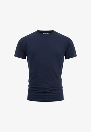 T-shirt blu navy a maniche corte con scollo rotondo, taglio aderente e lievi pieghe nel tessuto, mostrata su sfondo bianco.