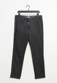 Jeans in denim nero con una vestibilità slim. Presentano cinque tasche, passanti per cintura e una chiusura con bottone. Tessuto liscio con sfumature sottili.