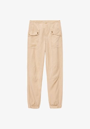 Beige cargobukser med elastiske manchetter, frontlommer med klap og knaplukning, lynlås og knaplukning, designet til afslappet brug.