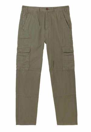 Cargo-Hosen aus olivgrünem Baumwollstoff, mit mehreren Seitentaschen, Knopfverschluss und lockerer Passform mit geradem Bein.