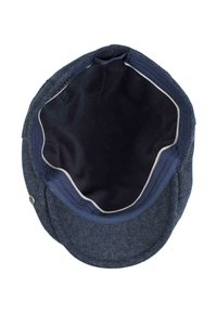 Blauwe pet van textuurstof, met een ronde vorm, een platte rand en een voering van donkere stof. Accentknop aan de zijkant.
