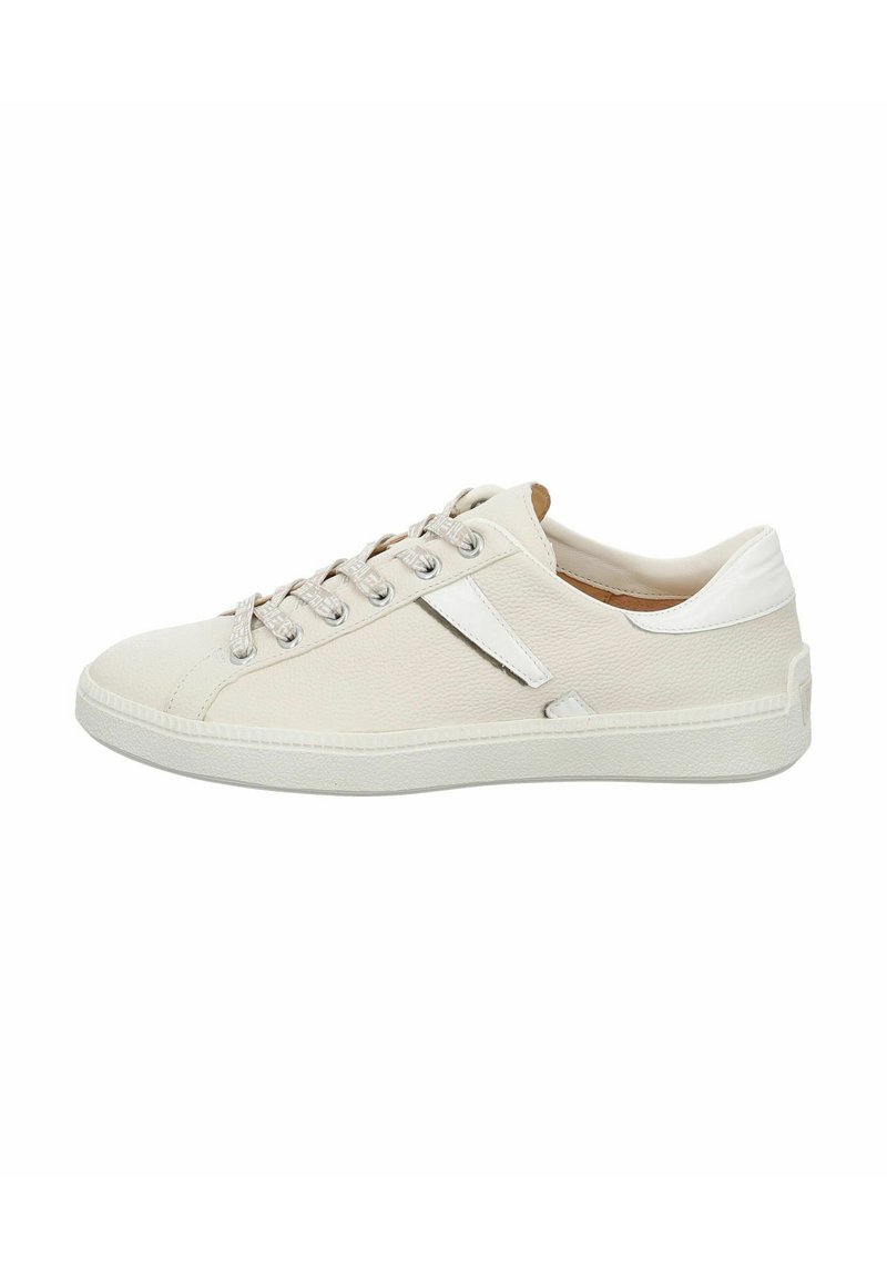 Weiße Ledersneaker mit strukturiertem Obermaterial, runder Zehenpartie, Schnürdesign und glatter Fersenakzent. Gummisohle mit dezenten Branding-Details.