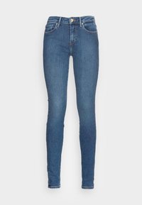 Jeans ajustados de color azul hechos de denim, que cuentan con cinco bolsillos, un cierre de botón y cremallera, y detalles de costura mínimos en la cintura y las piernas.