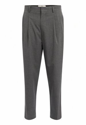 Gray tailored trousers with a textured fabric, featuring pleats, a straight leg design, and belt loops. No visible hardware or accents.