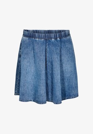Gonna in denim con vita elasticizzata arricciata, design svasato, in una tonalità di blu medio, caratterizzata da un tessuto texturizzato e orlo grezzo.