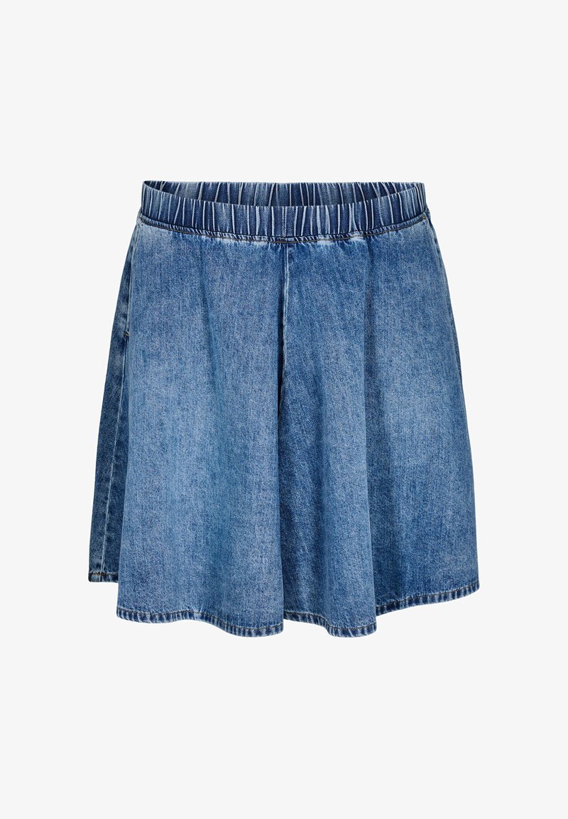 Denim seelik, millel on kogutud elastne vöökoht, laienev disain, keskmisest sinisest pesust, millel on tekstureeritud kangas ja toores äär.