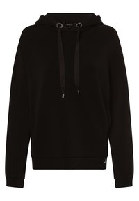 Sweatshirt à capuche noire en matériau doux, avec une poche avant, des cordons de serrage avec des embouts en métal, et des poignets et un ourlet côtelés.