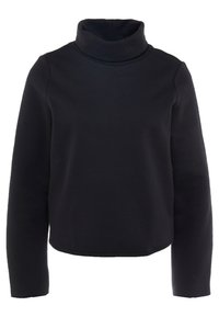 Maglione a collo alto di colore nero realizzato in tessuto morbido, con una silhouette aderente, maniche lunghe e orlo arrotondato con una texture liscia.