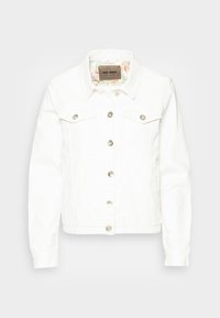 Biała dżinsowa kurtka z zapięciem na guziki, srebrnymi okuciami, kieszeniami na piersi oraz kwiecistą podszewką. Klasyczny kołnierz i długie rękawy.