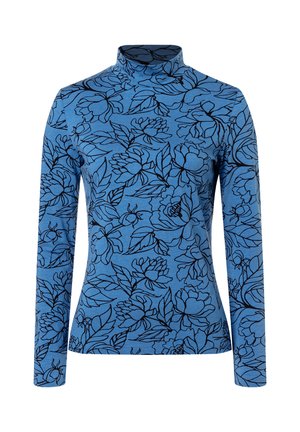 Blaues Longsleeve-Turtleneck-Oberteil mit schwarzen Blumen- und Blattsilhouetten aus einem glatten Stoff. Einfaches, figurschmeichelndes Design mit hohem Kragen.