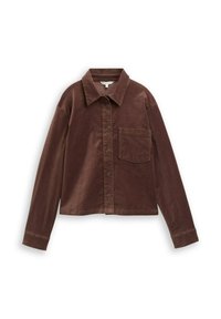 Bruine corduroy shirt met een kraag, knoopsluiting en een voorzak. Heeft lange mouwen en een cropped ontwerp. Zachte textuur.