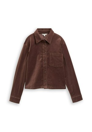 Braunes Cordhemd mit Kragen, Knopfverschluss und einer Brusttasche. Hat lange Ärmel und einen cropped Schnitt. Weicher Stoff.