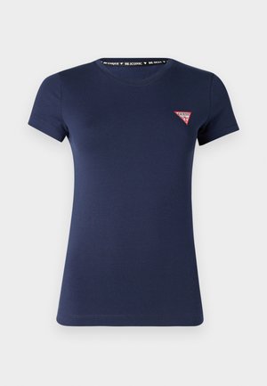 Navy blue short-sleeve t-shirt made of cotton. Features a small red triangle logo on the left chest. Smooth texture, classic crew neck design.