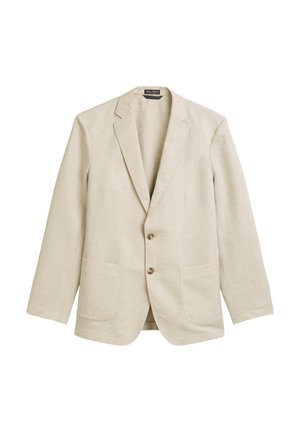 Helle beigem Blazer aus Leinenstoff mit einem einreihigen Design, Reverskragen, zwei Fronttaschen und zwei Knöpfen. Glatte Textur.