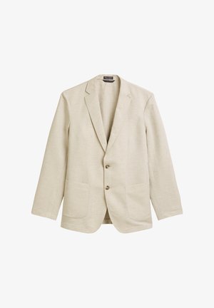 Helle beigem Blazer aus Leinenstoff mit einem einreihigen Design, Reverskragen, zwei Fronttaschen und zwei Knöpfen. Glatte Textur.