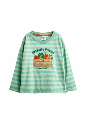 Lysegrøn og blege stribet langærmet skjorte med broderet kasse med grøntsager og tekst "Freshly Picked" og "shop local" foran.