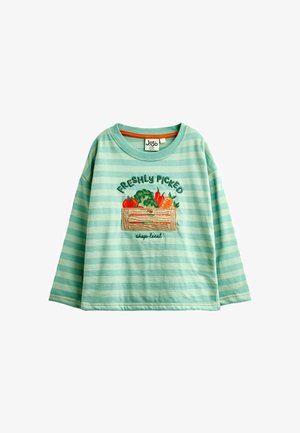 Lysegrøn og blege stribet langærmet skjorte med broderet kasse med grøntsager og tekst "Freshly Picked" og "shop local" foran.
