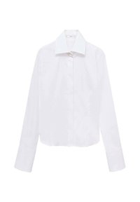 Witte cropped shirt met lange mouwen, een puntkraag en knopen aan de voorkant. Gemaakt van een gladde, lichte stof. Geen zichtbare patronen of accenten.