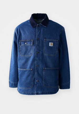 Jeansjacke in Dunkelblau mit einem Cordkragen. Verfügt über vier Taschen, eine Knopfleiste vorne und einen leicht taillierten Saum. Strapazierfähiger Stoff.