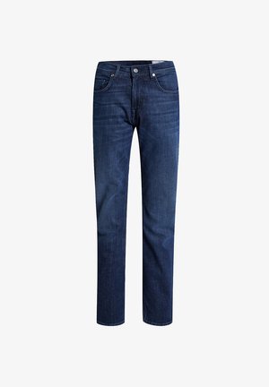 Dunkelblaue Jeans aus Denim mit geradem Bein, Fünf-Taschen-Stil und klassischem Reißverschluss. Glatte Textur mit dezenten Ausbleichungen.