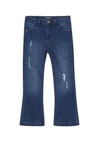 Mörkblå denimbyxor med utsvängda ben, slitna detaljer och synlig sömnad. Har knappstängning och en klassisk femfickdesign.