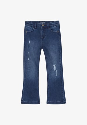 Dunkelblaue Jeans im Schlagstil mit verwaschenen Akzenten und sichtbaren Nähten. Sie verfügen über einen Knopfverschluss und ein klassisches Fünf-Taschen-Design.