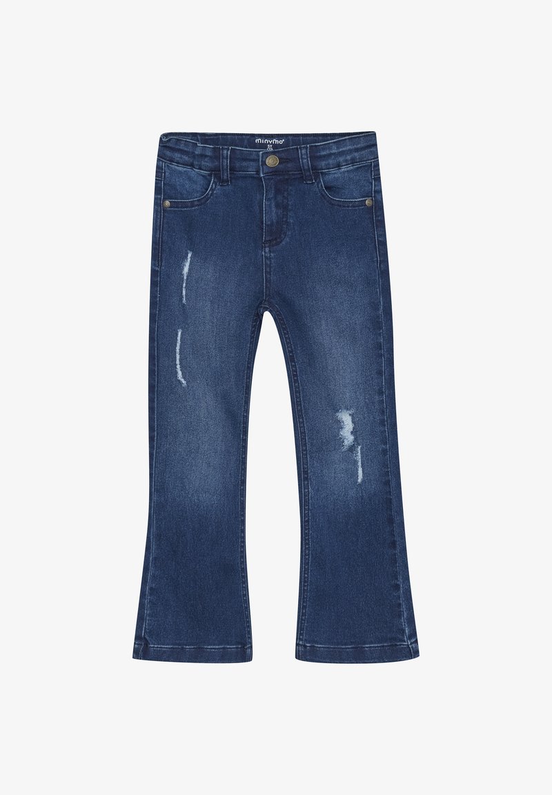 Jean flare en denim bleu foncé avec des accents déchirés et des coutures visibles. Dispose d'une fermeture à bouton et d'un design classique à cinq poches.
